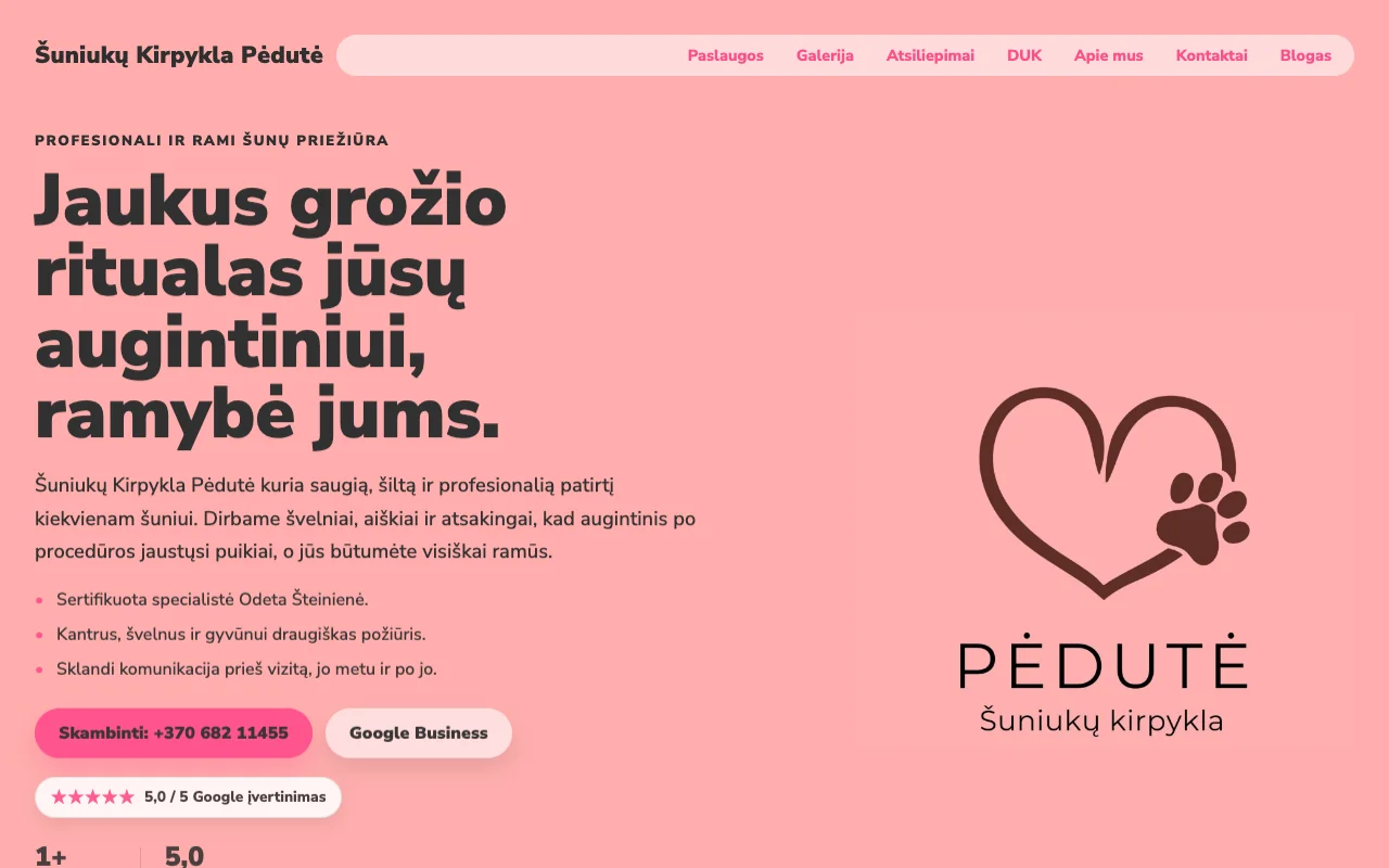 kirpyklapedutė.lt – pet groomer shop website designed and developed by WebGrowthStudios Lithuania